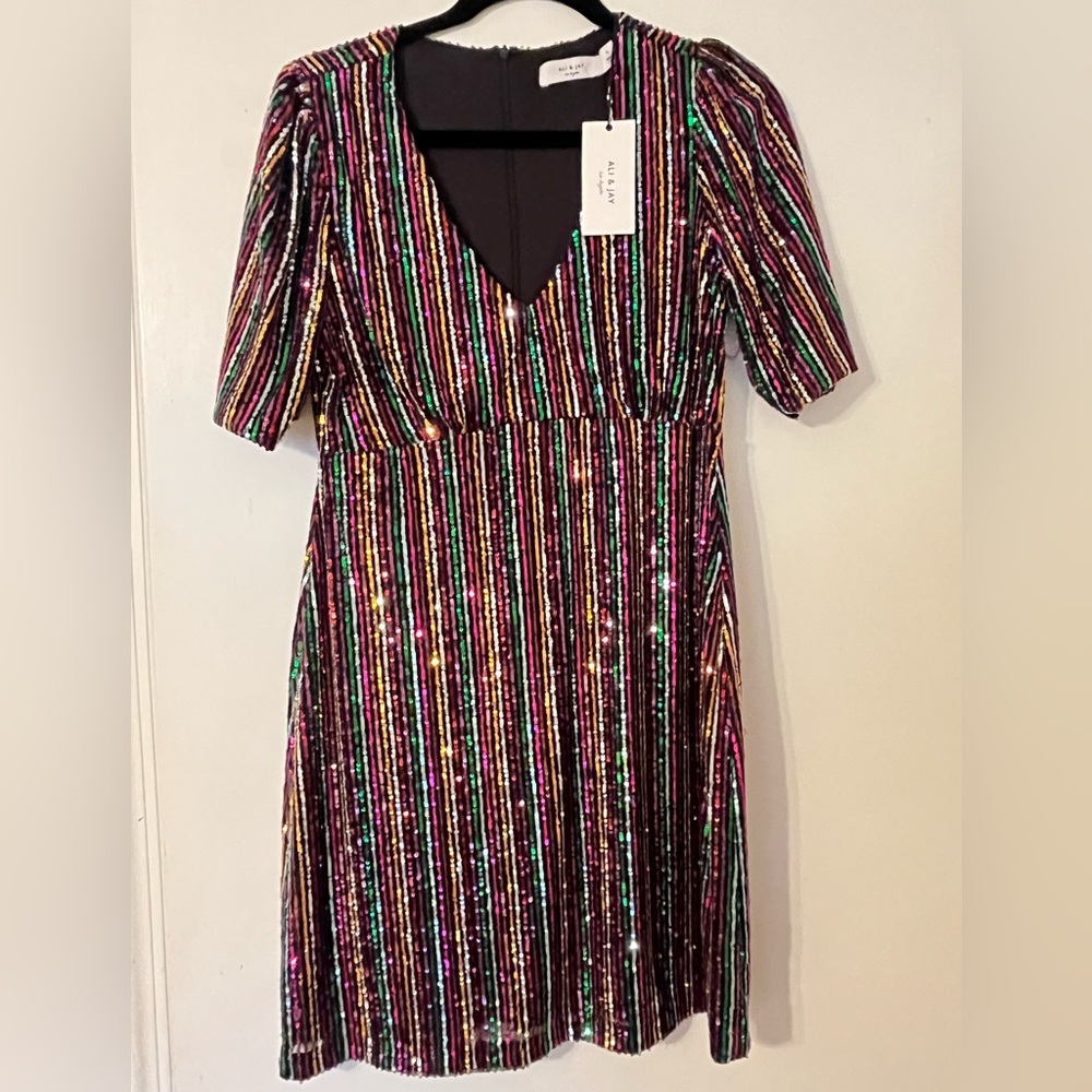 Sequin Stripe V-Neck Party Dress - Multicolor